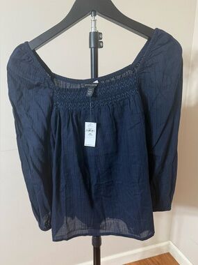 NWT Banana Republic Navy Smocked Off-Shoulder Peasant Blue Top women size XXS